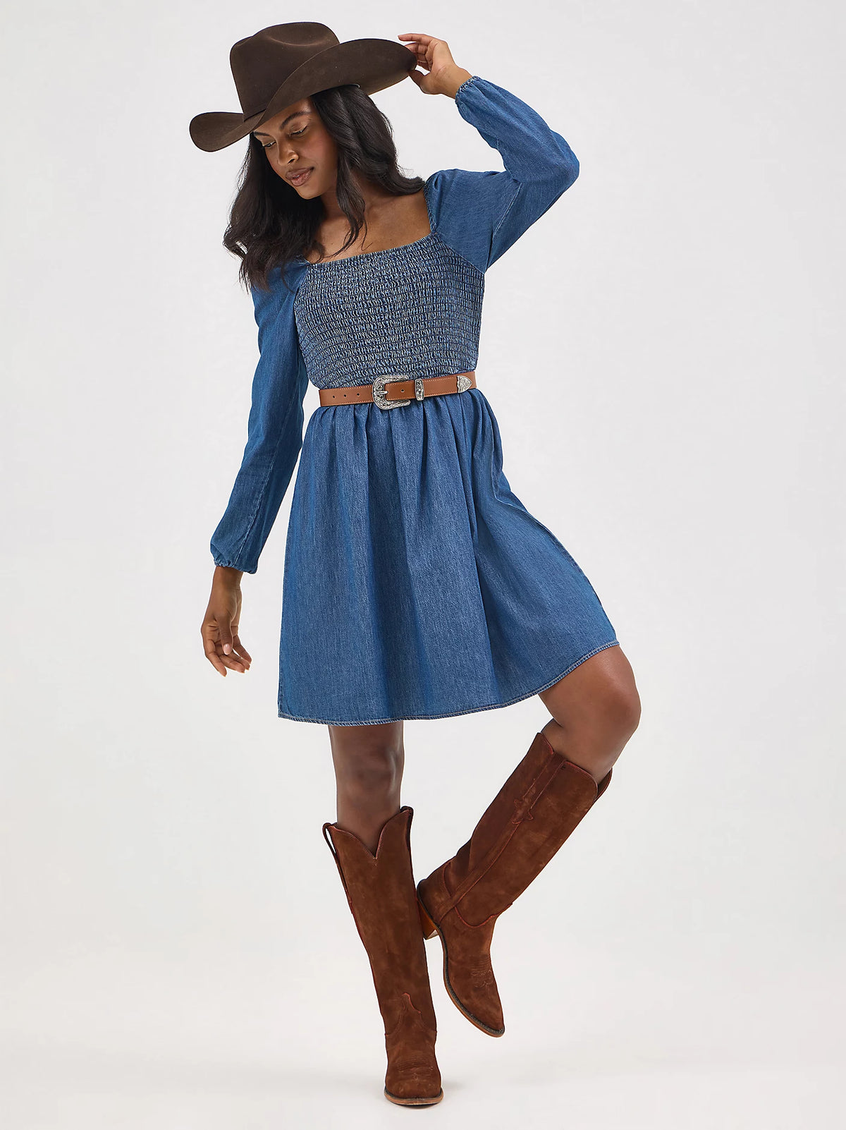 Wrangler Retro Women's L/S Smocked Bodice A-Line Dress in Dark Denim