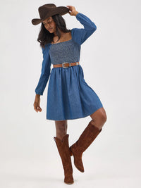 Wrangler Retro Women's L/S Smocked Bodice A-Line Dress in Dark Denim