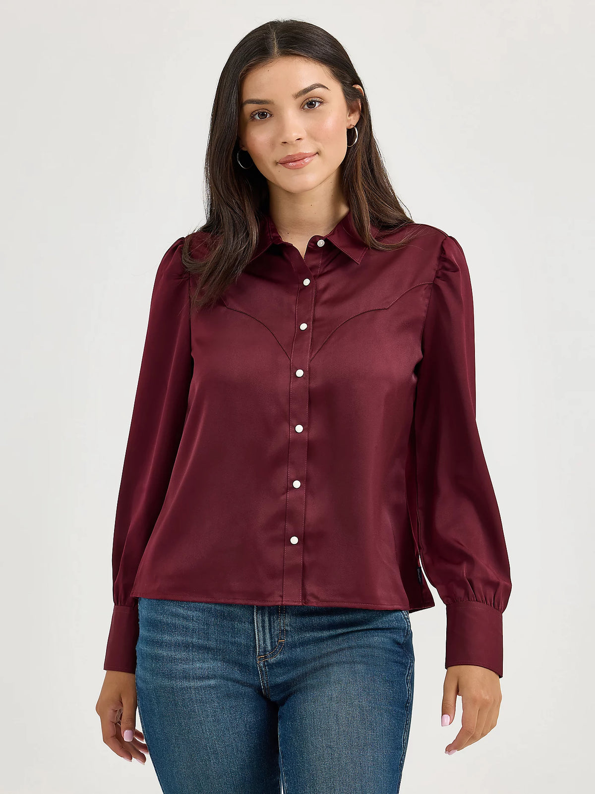 Wrangler Retro Women's Satin Rodeo Western Snap Blouse in Port