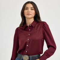 Wrangler Retro Women's Satin Rodeo Western Snap Blouse in Port