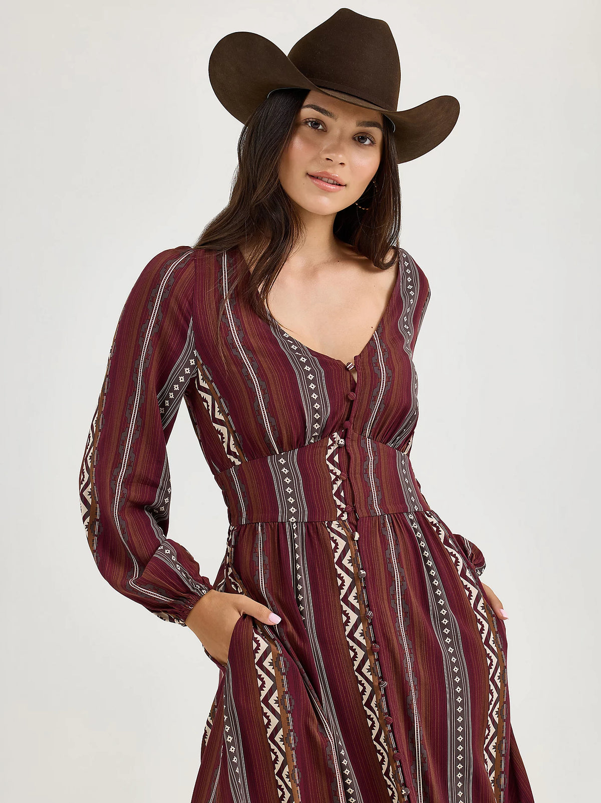 Wrangler Retro Women's L/S Princess Waist Button Front Maxi Dress in Port