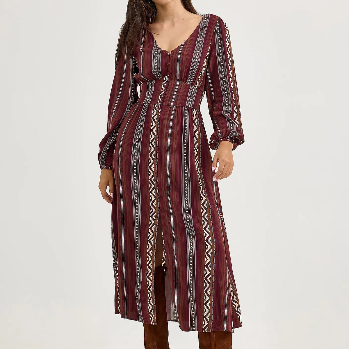 Wrangler Retro Women's L/S Princess Waist Button Front Maxi Dress in Port