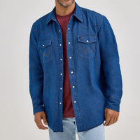 Wrangler Men's L/S Flannel Lined Work Shirt in Blue Denim (Available in Plus Sizes)