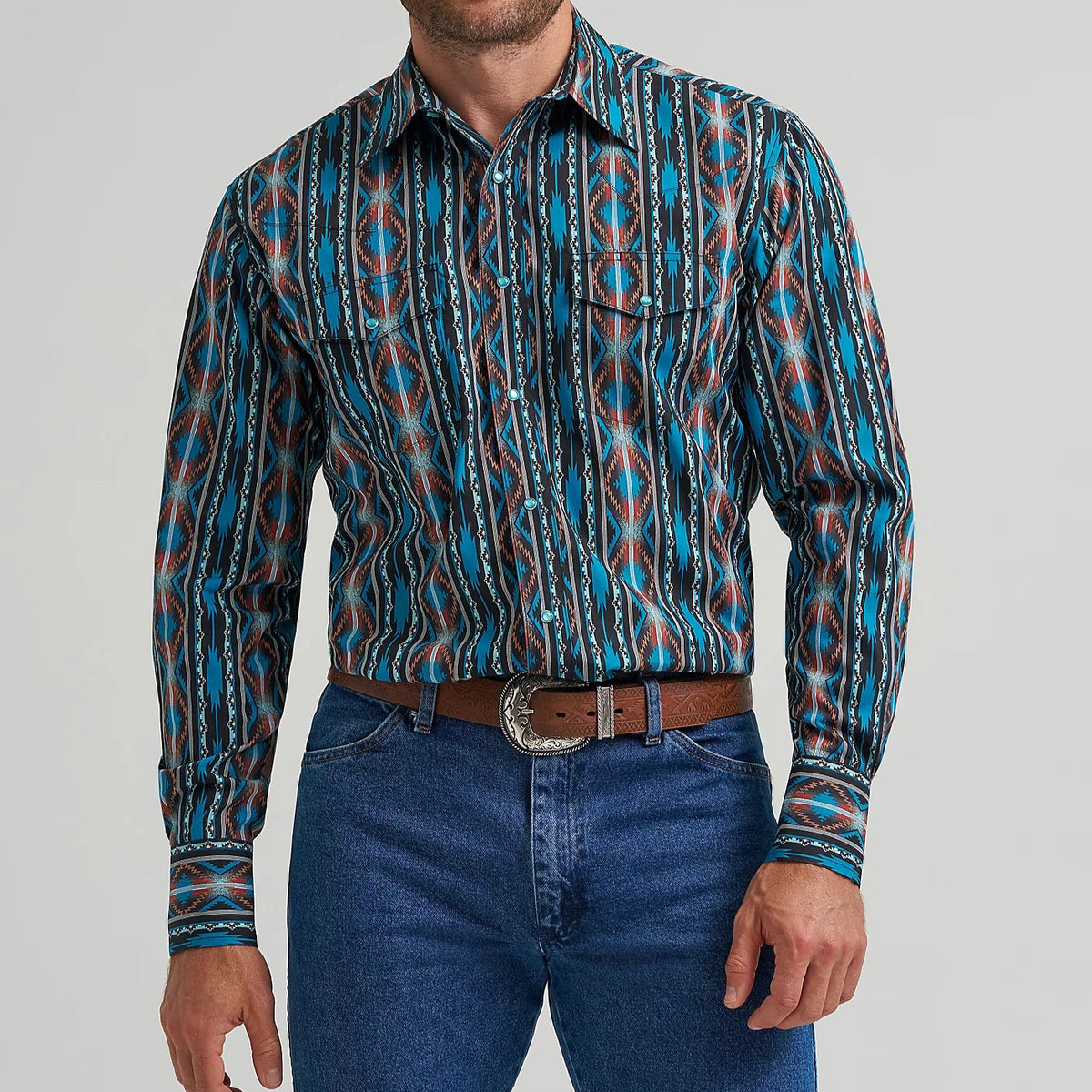 Wrangler Men's Checotah L/S Western Snap Shirt in Turquoise Crimson
