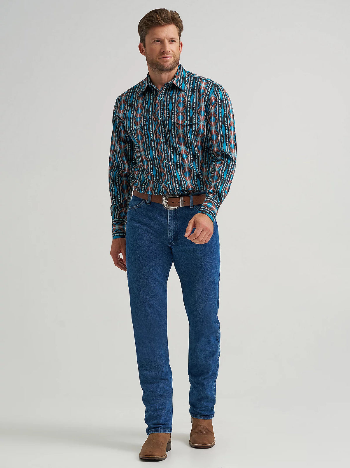 Wrangler Men's Checotah L/S Western Snap Shirt in Turquoise Crimson