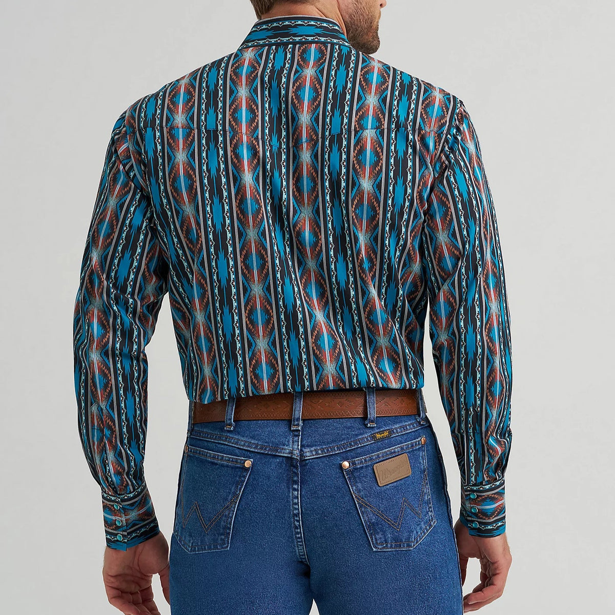 Wrangler Men's Checotah L/S Western Snap Shirt in Turquoise Crimson