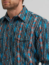 Wrangler Men's Checotah L/S Western Snap Shirt in Turquoise Crimson