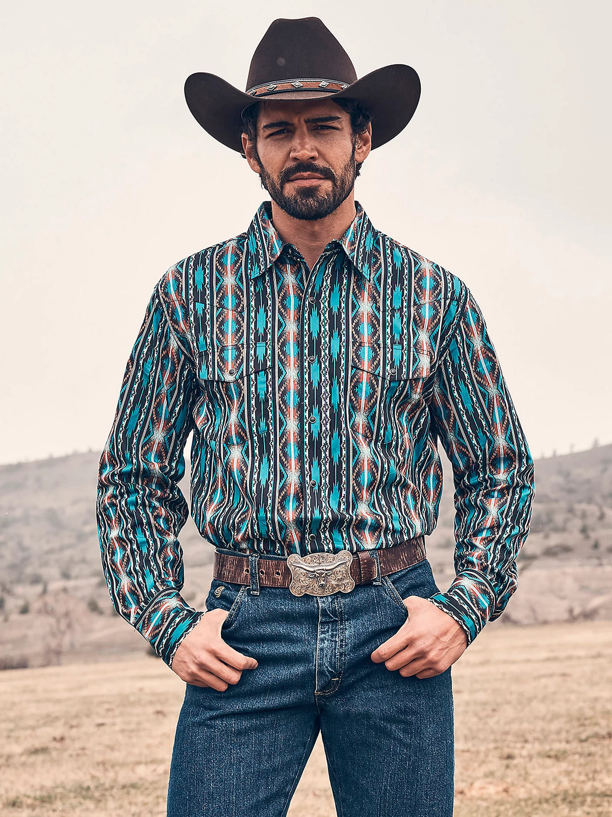 Wrangler Men's Checotah L/S Western Snap Shirt in Turquoise Crimson