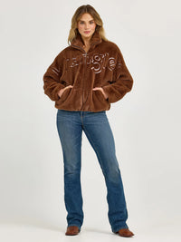 Wrangler Retro Women's Logo Fuzzy Zip Jacket in Teddy Brown
