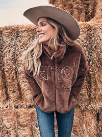 Wrangler Retro Women's Logo Fuzzy Zip Jacket in Teddy Brown