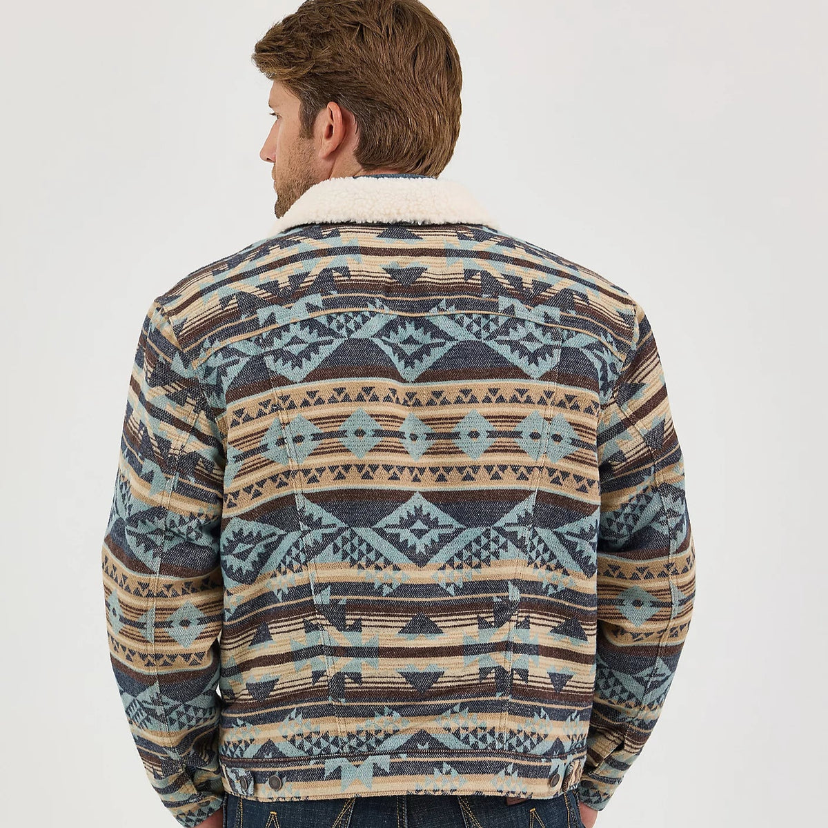 Wrangler Men's Sherpa Lined Jacquard Print Trucker Jacket in Dark Sapphire