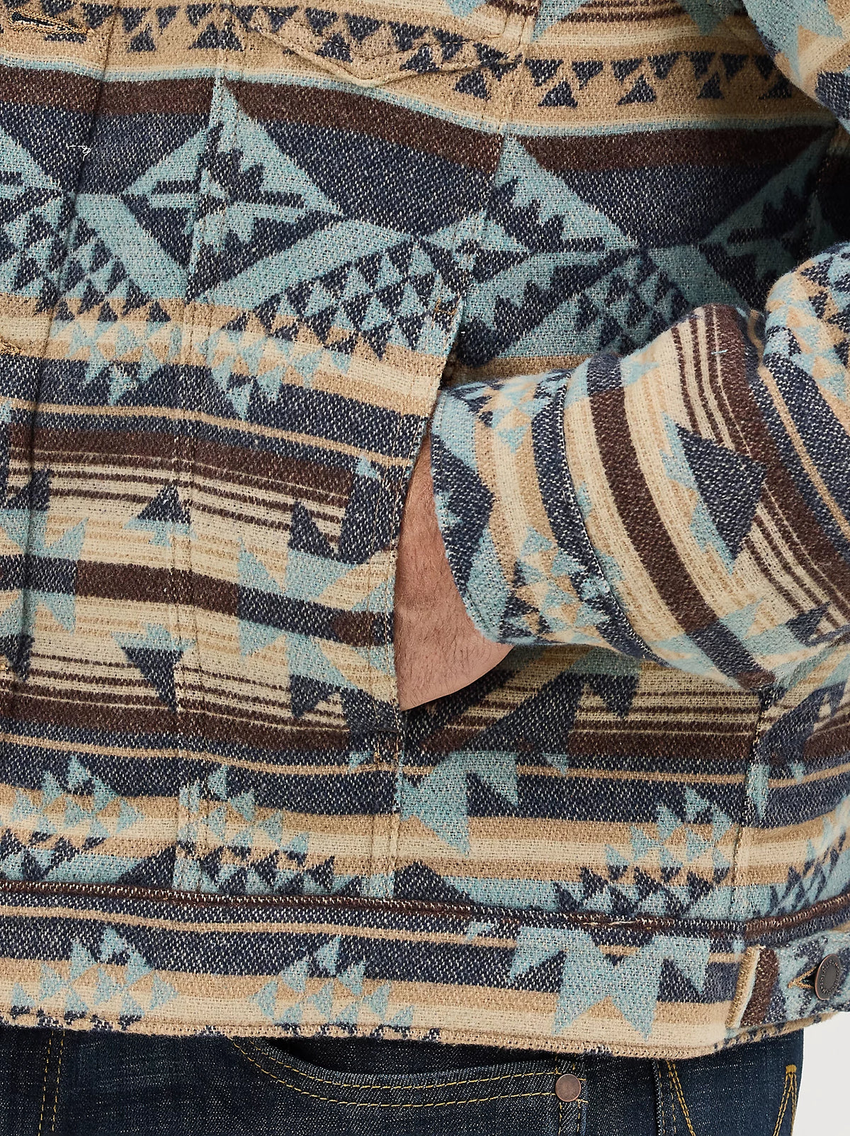 Wrangler Men's Sherpa Lined Jacquard Print Trucker Jacket in Dark Sapphire