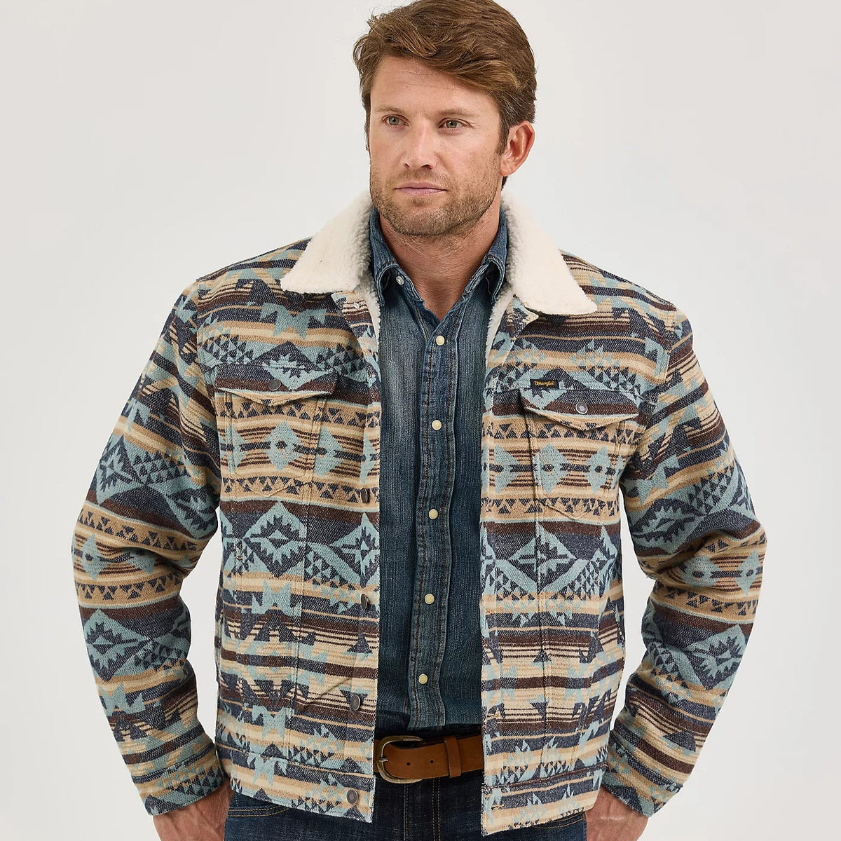 Wrangler Men's Sherpa Lined Jacquard Print Trucker Jacket in Dark Sapphire