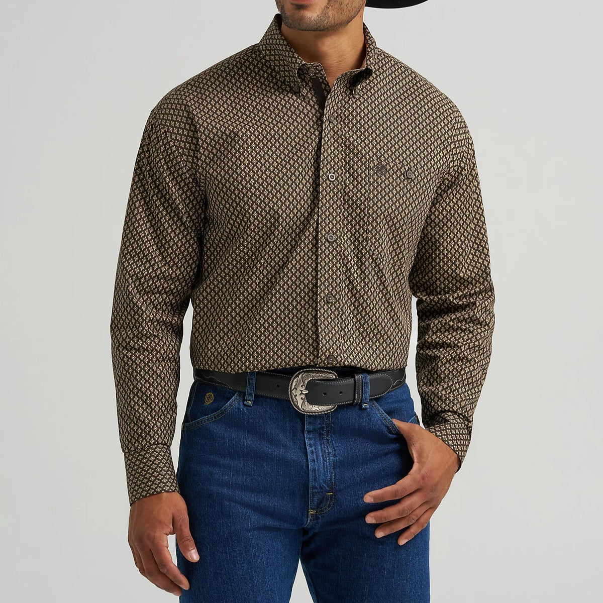 Wrangler Men's L/S George Strait Button Down Shirt in Coffee Rhombi (Available in Plus Sizes)
