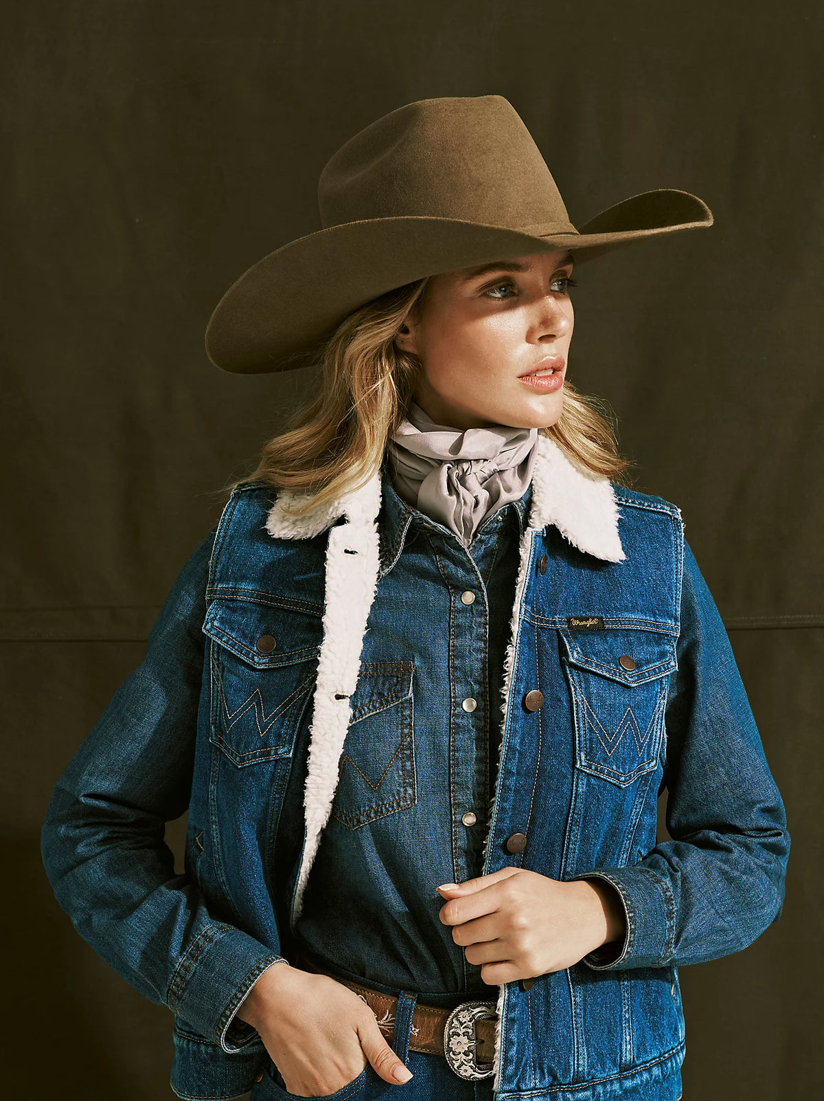 Wrangler Women's Sherpa Lined Denim Vest in Mid