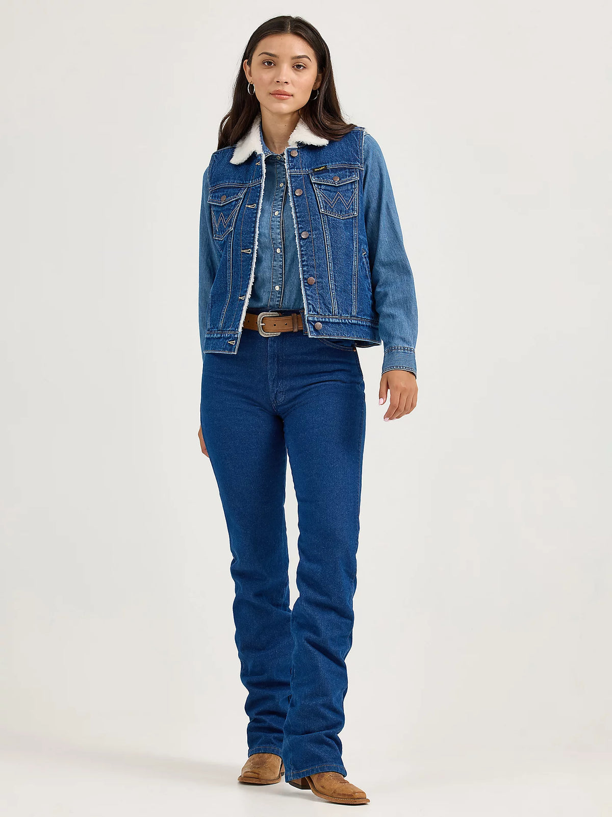 Wrangler Women's Sherpa Lined Denim Vest in Mid