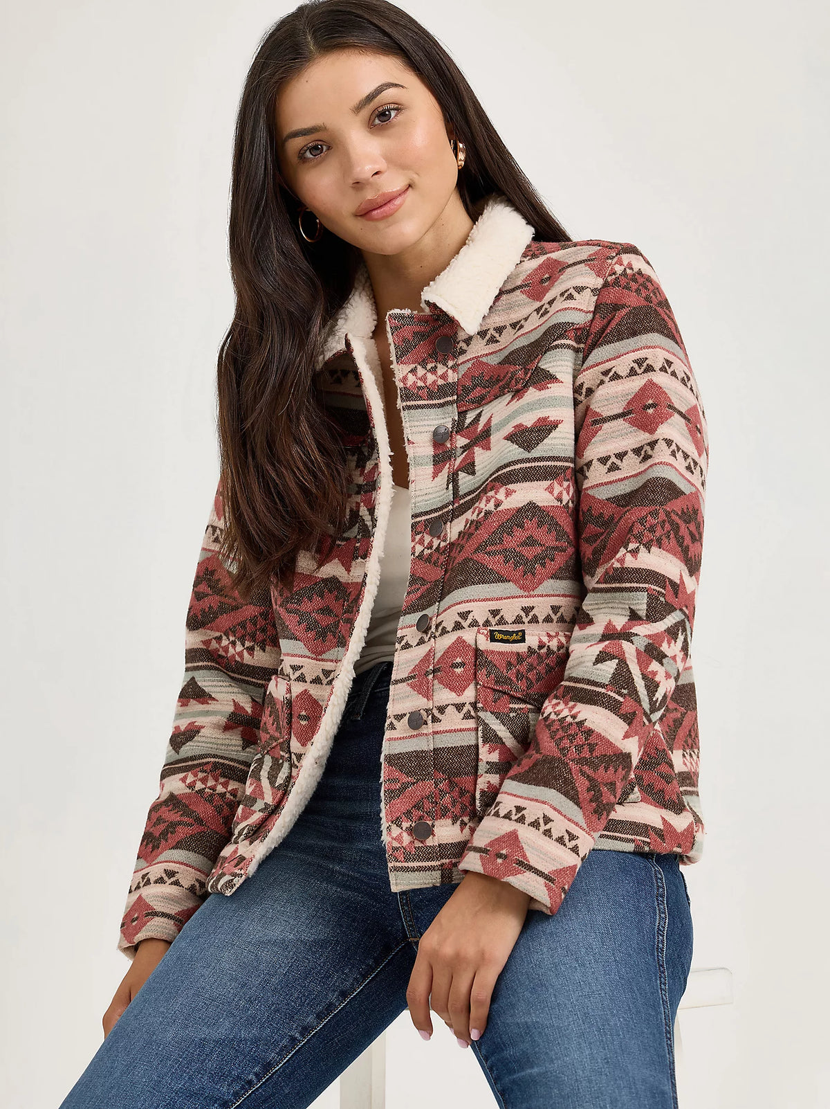 Wrangler Women's Sherpa Lined Jacquard Barn Jacket in Burgundy