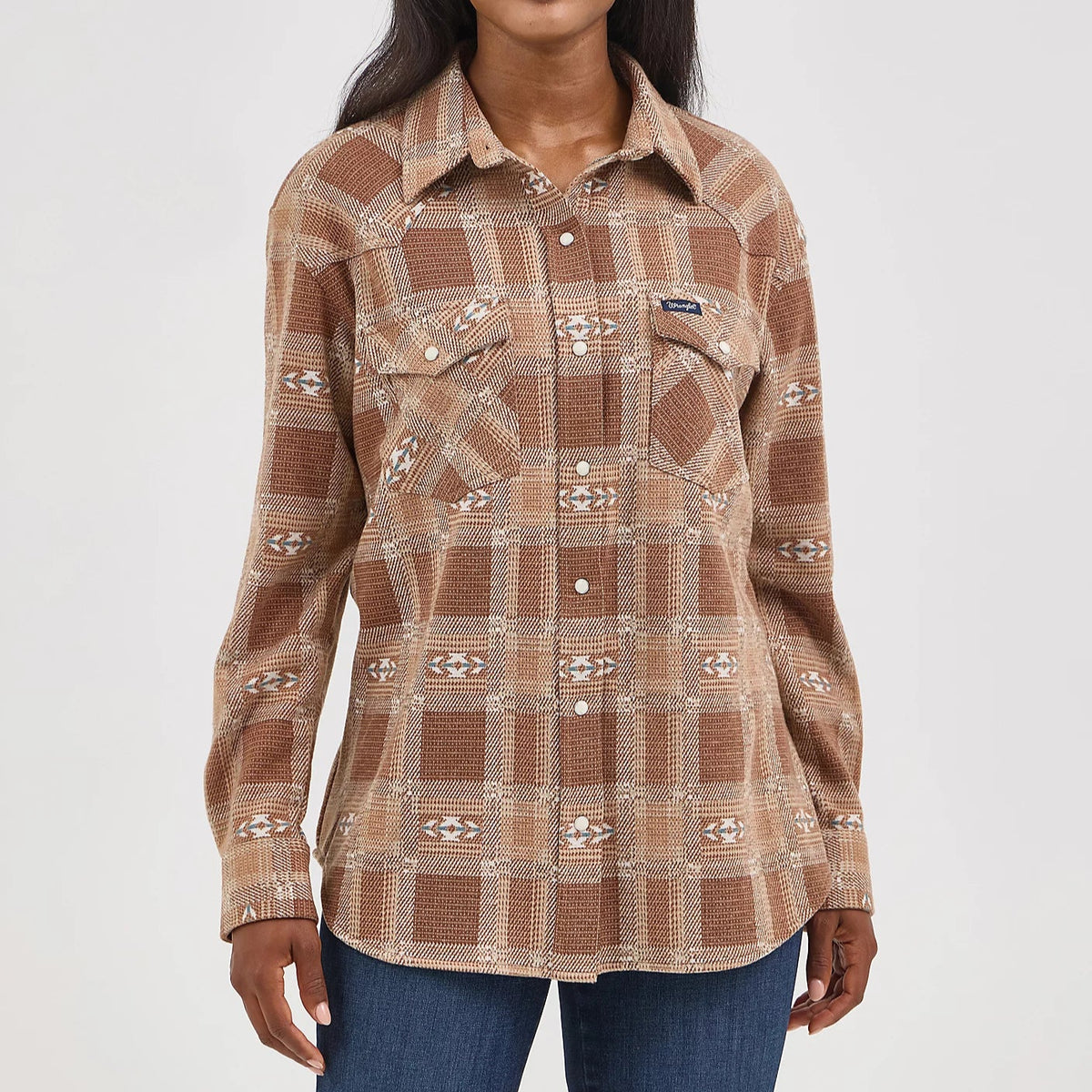 Wrangler Women's Retro L/S Boyfriend Shirt Jacket in Brown Plaid