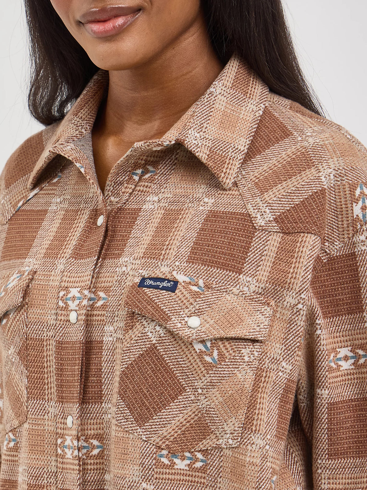 Wrangler Women's Retro L/S Boyfriend Shirt Jacket in Brown Plaid