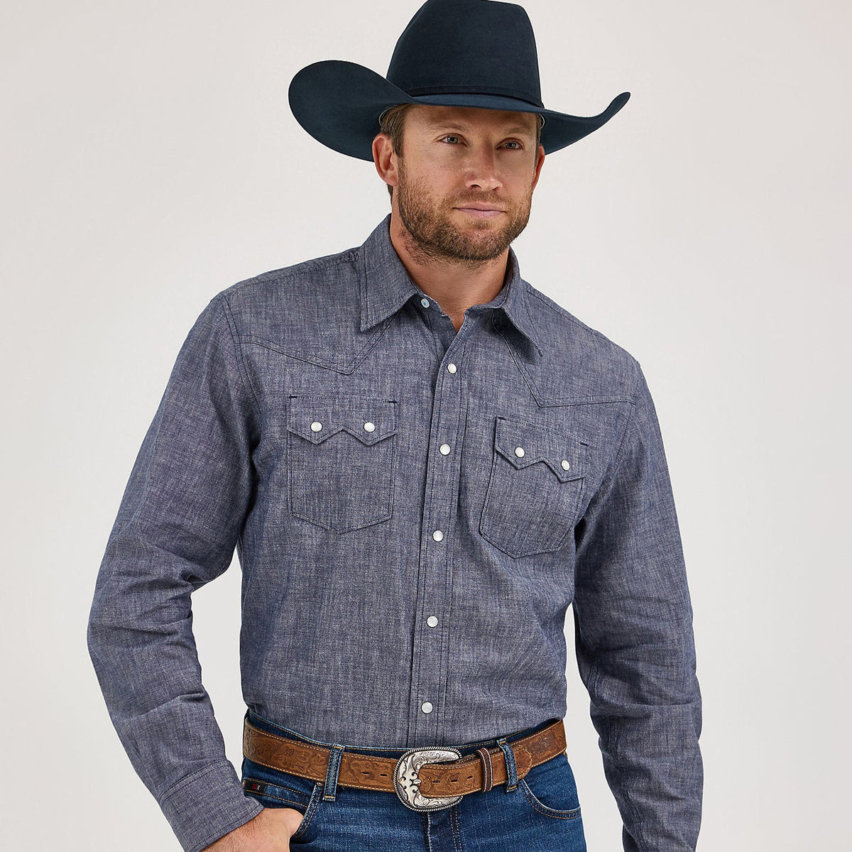 Wrangler Men's L/S Cody Johnson Sawtooth Pocket Western Snap Shirt in Navy (Available in Tall Sizes)