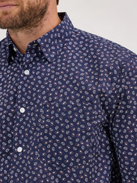 Wrangler Men's L/S Cody Johnson One Pocket Paisley Button Down Shirt in Navy (Available in Tall Sizes)