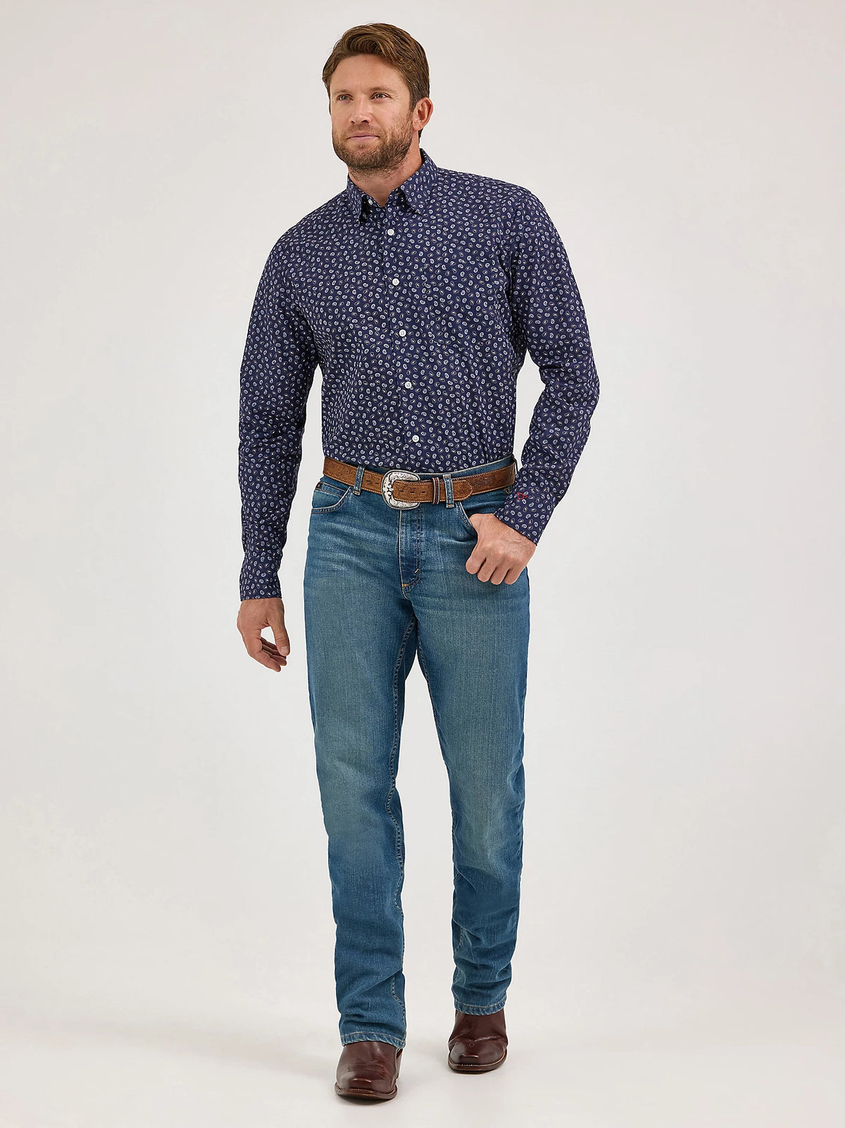 Wrangler Men's L/S Cody Johnson One Pocket Paisley Button Down Shirt in Navy (Available in Tall Sizes)