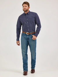 Wrangler Men's L/S Cody Johnson One Pocket Paisley Button Down Shirt in Navy (Available in Tall Sizes)