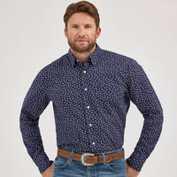 Wrangler Men's L/S Cody Johnson One Pocket Paisley Button Down Shirt in Navy (Available in Tall Sizes)