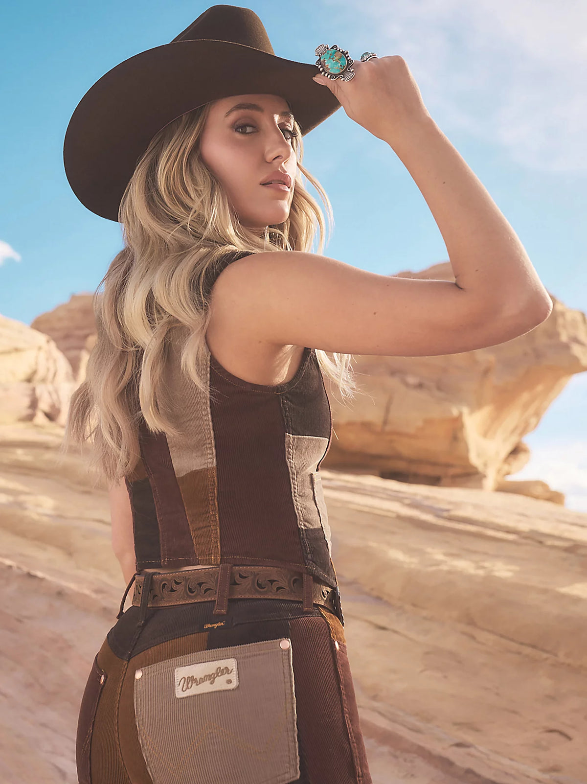 Wrangler x Lainey Wilson Patchwork Corduroy Bell Jean in Brown