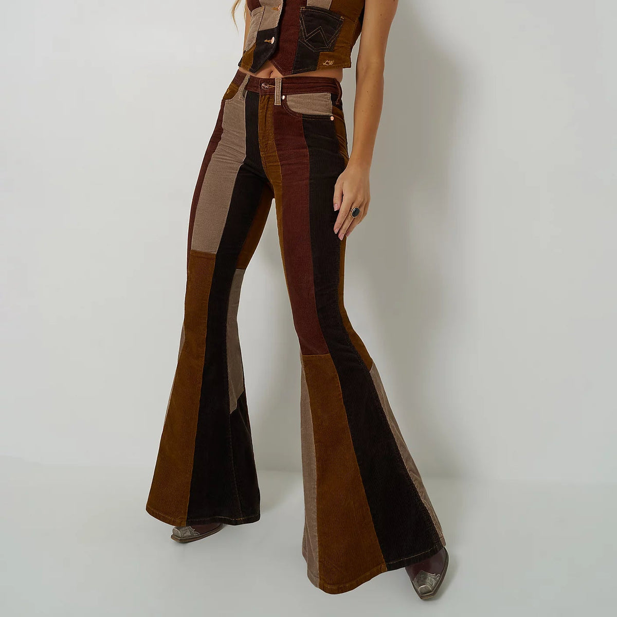 Wrangler x Lainey Wilson Patchwork Corduroy Bell Jean in Brown
