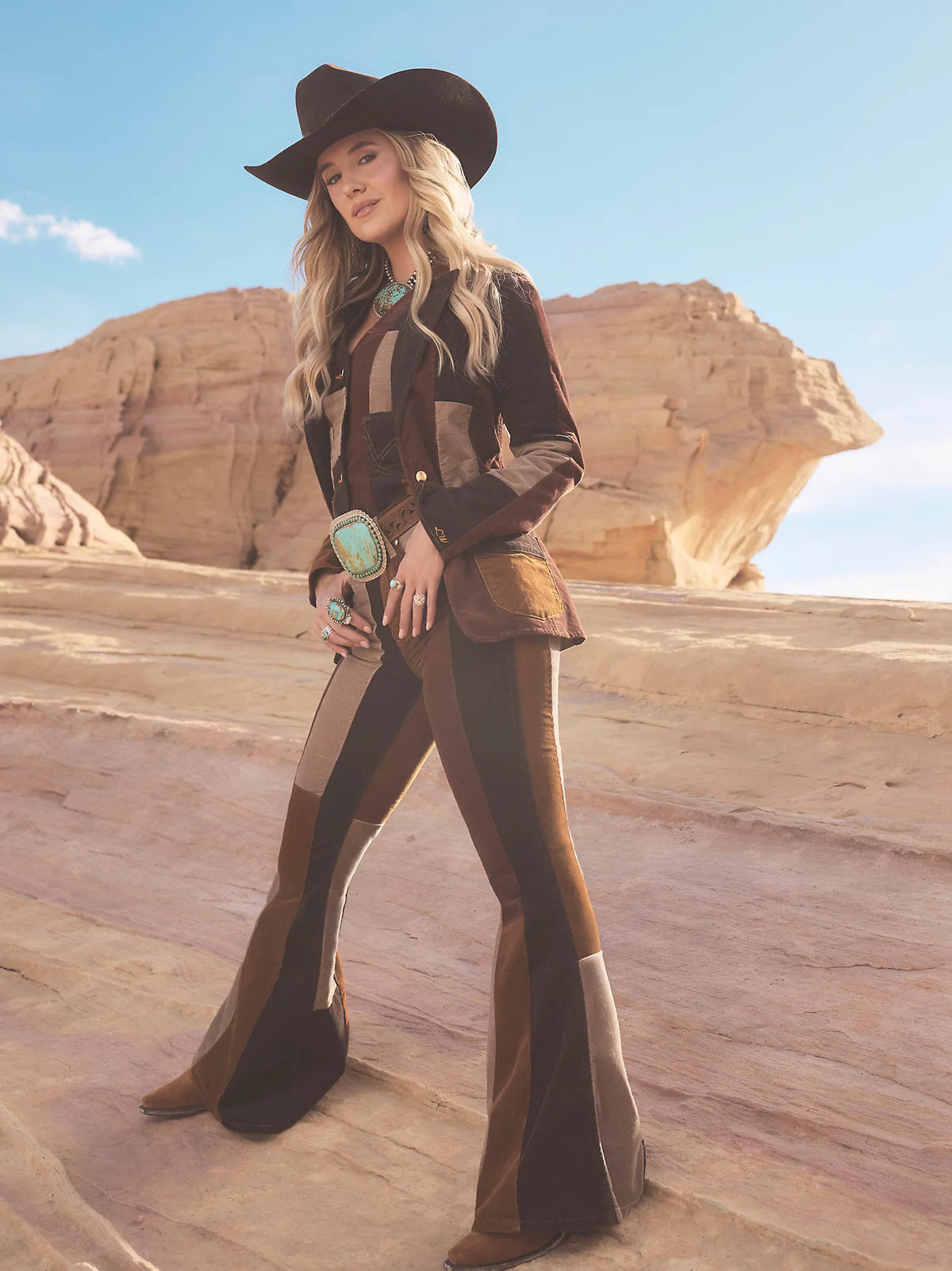 Wrangler x Lainey Wilson Patchwork Corduroy Bell Jean in Brown