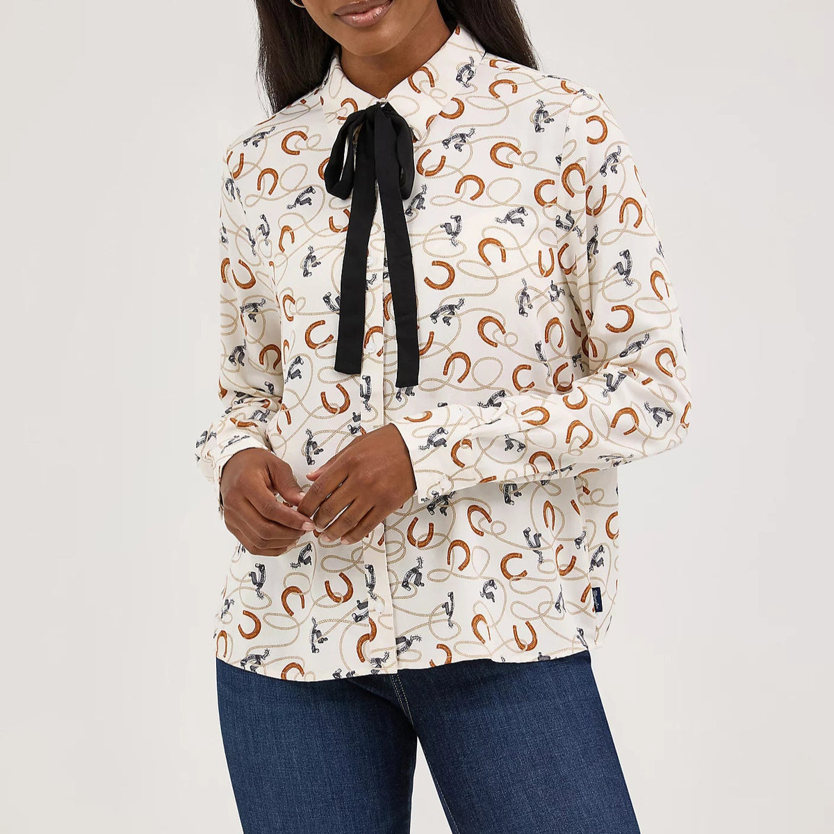 Wrangler Retro Women's L/S Tie Neck Button Up Blouse in White