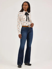 Wrangler Retro Women's L/S Tie Neck Button Up Blouse in White