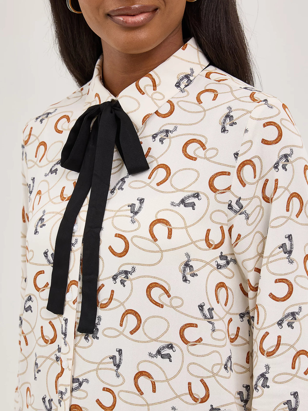 Wrangler Retro Women's L/S Tie Neck Button Up Blouse in White