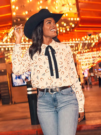 Wrangler Retro Women's L/S Tie Neck Button Up Blouse in White