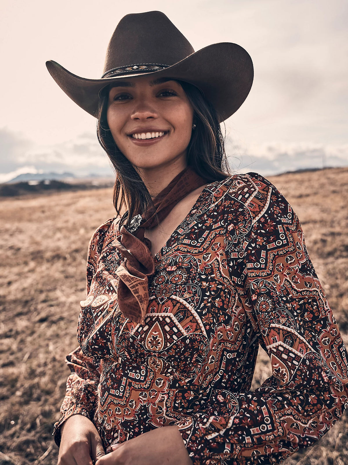 Wrangler Retro Women's L/S Ruffle Accent Maxi Dress in Brown