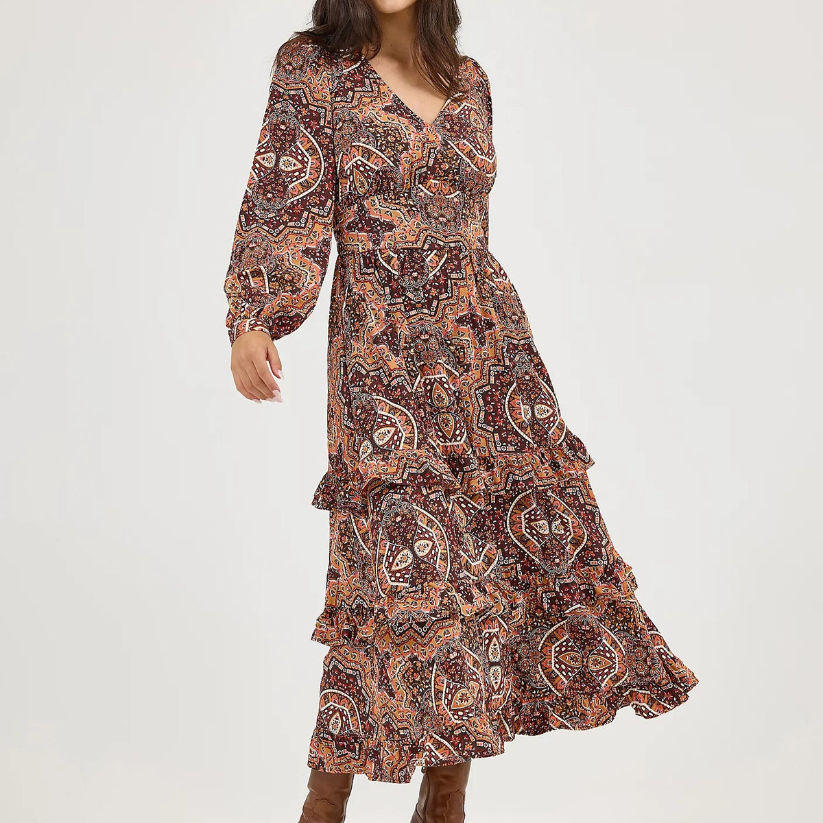 Wrangler Retro Women's L/S Ruffle Accent Maxi Dress in Brown