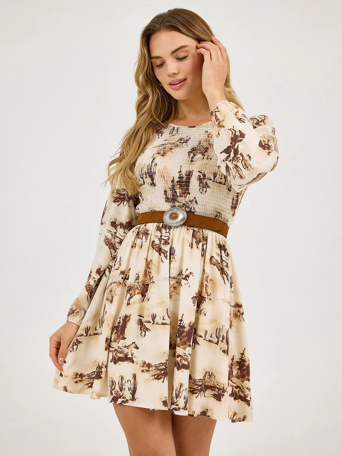 Wrangler Retro Women's L/S Smocked Bodice A-Line Dress in Cream