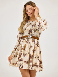 Wrangler Retro Women's L/S Smocked Bodice A-Line Dress in Cream