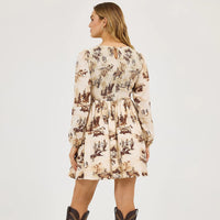 Wrangler Retro Women's L/S Smocked Bodice A-Line Dress in Cream