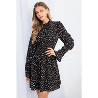 Women's L/S Dot Printed Smocked Waist Dress in Black