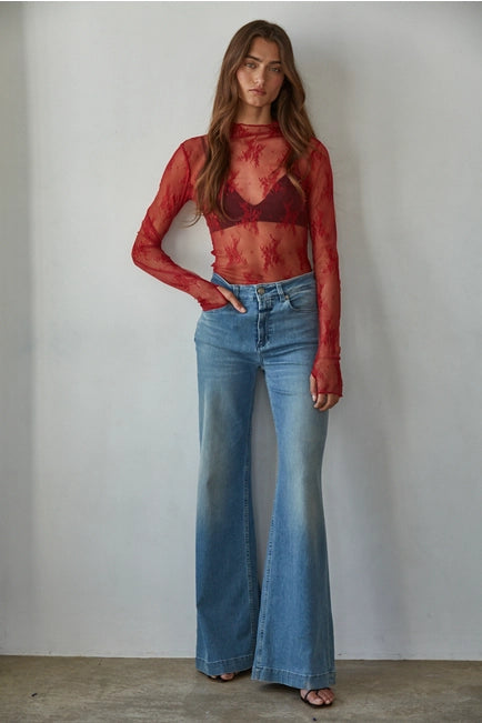 Women's L/S Sheer Floral Lace Mock Neck Mesh Top (Available in 2 Colors)