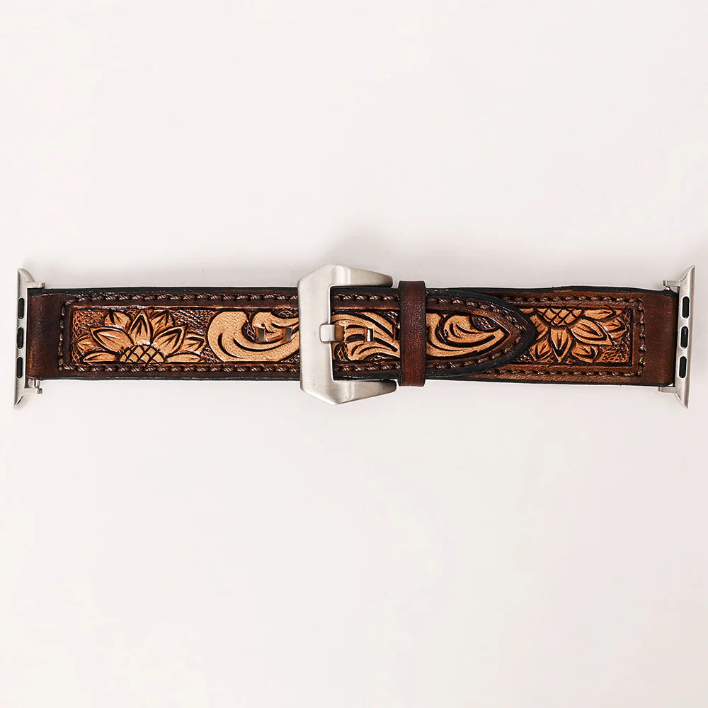 American Darling Two-Toned Floral Sunflower Tooled Leather iWatch Band
