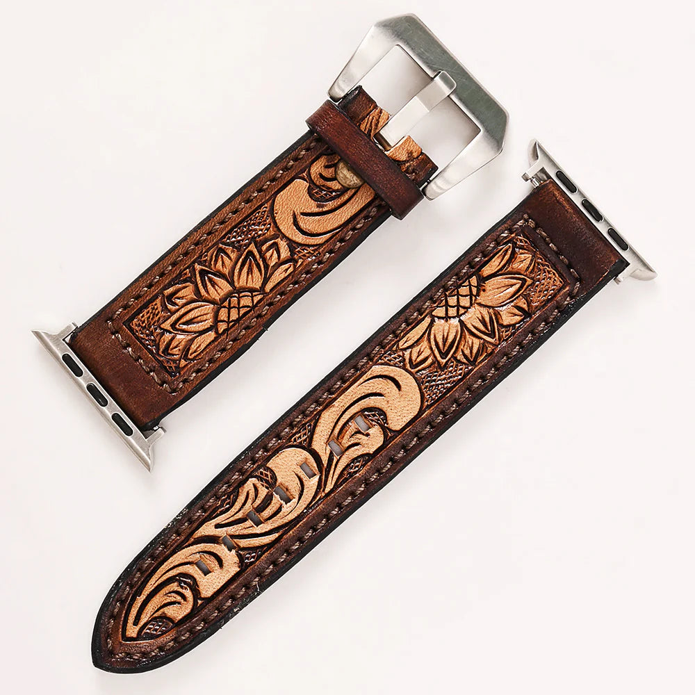 American Darling Two-Toned Floral Sunflower Tooled Leather iWatch Band
