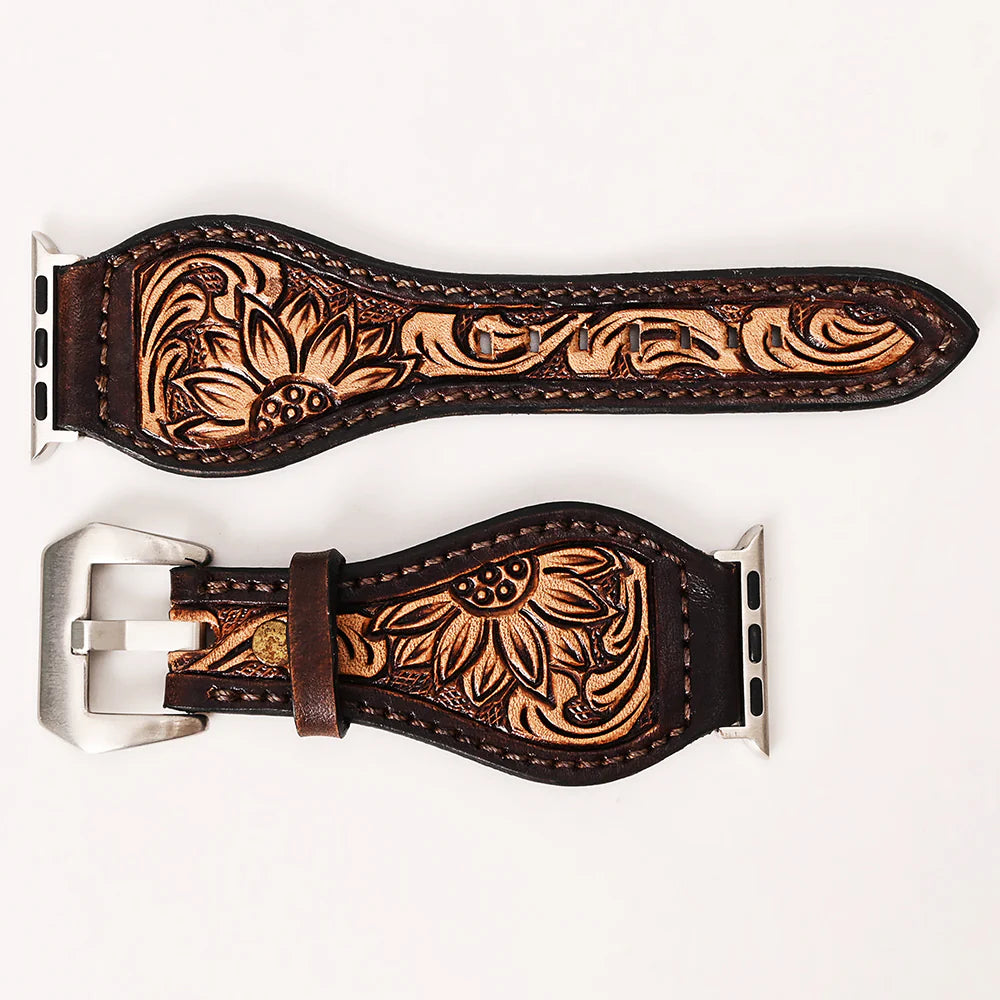 American Darling Two-Toned Floral Sunflower Tooled Tapered Leather iWatch Band
