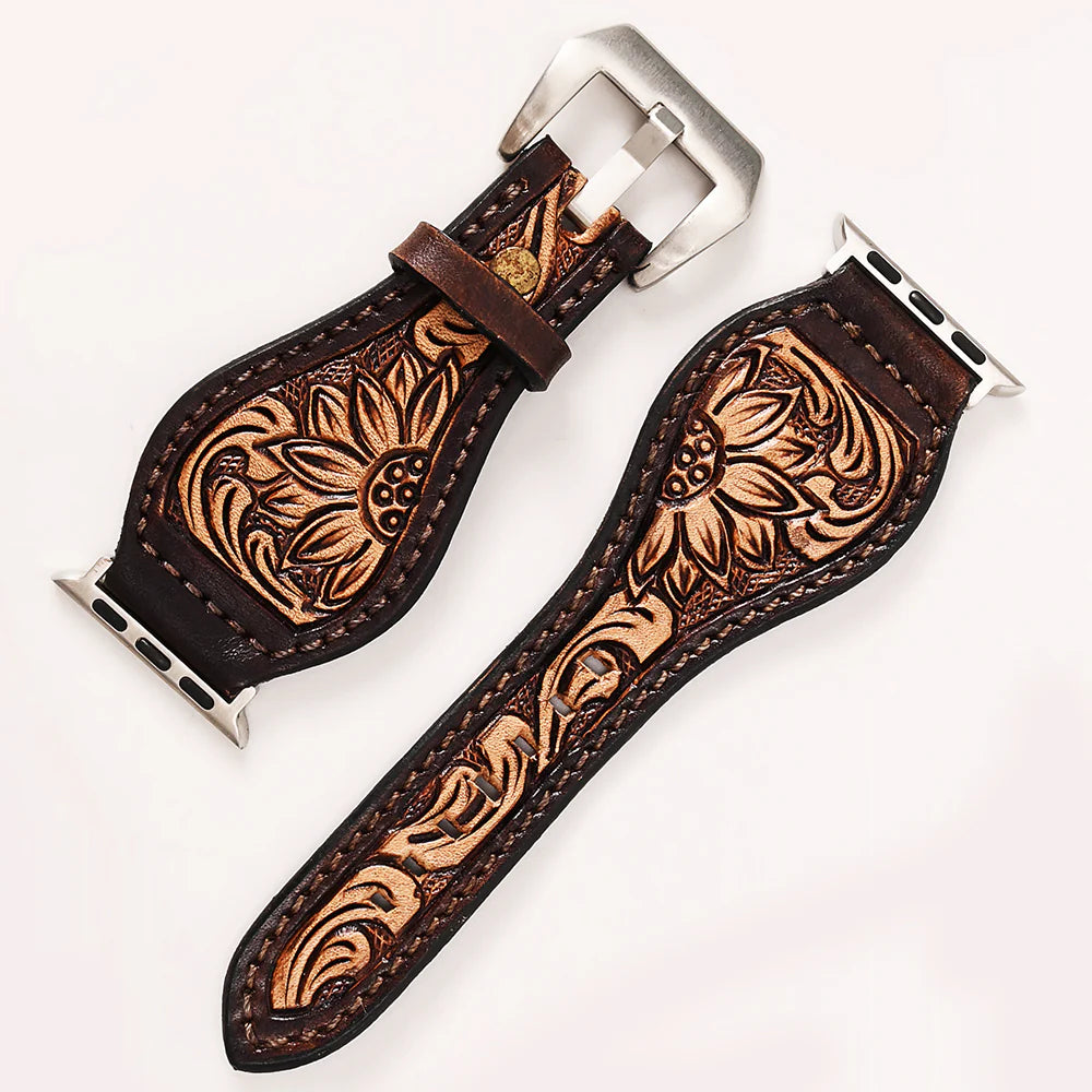 American Darling Two-Toned Floral Sunflower Tooled Tapered Leather iWatch Band