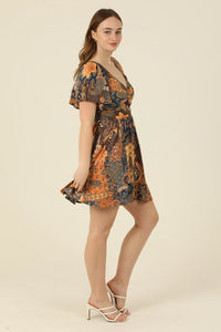 Women's Ruffle Sleeve Floral Twist Front Mini Dress in Sunset