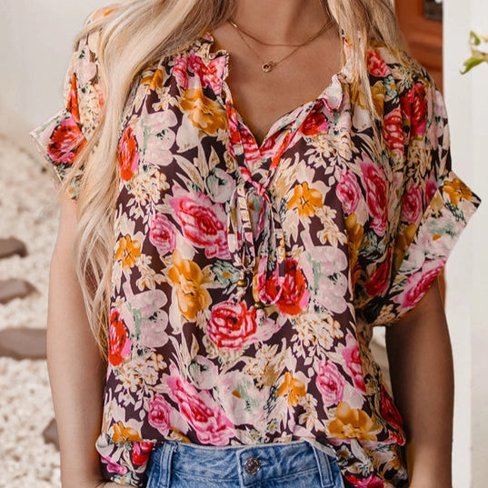 Women's S/S Floral Tie Neck Blouse in Pink