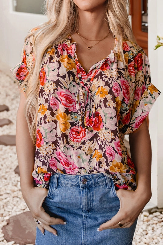 Women's S/S Floral Tie Neck Blouse in Pink