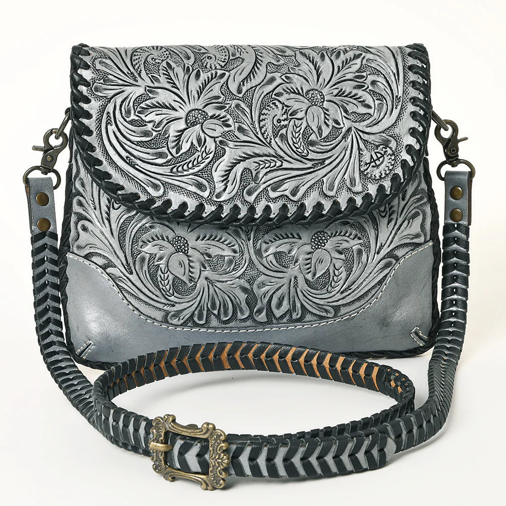 American Darling Leather Floral Tooled Crossbody Bag in Grey
